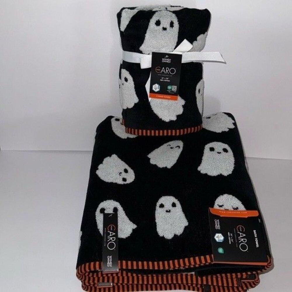 Caro 4 Piece Cotton Bath Towel Set Halloween Black Orange White Raised Ghosts
